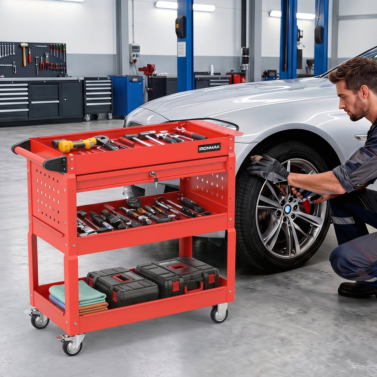 3 Tier Rolling Tool Cart with Lockable Drawer for Garage and Workshop-Red-Garages-DECOROLALA