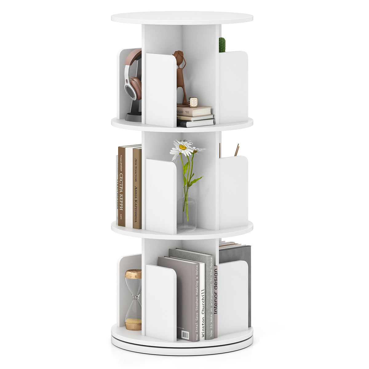3-Tier Rotating Bookshelf with Dividers and Anti-falling Baffles-White-Bookcases-DECOROLALA
