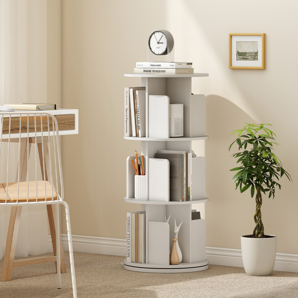 3-Tier Rotating Bookshelf with Dividers and Anti-falling Baffles-White-Bookcases-DECOROLALA