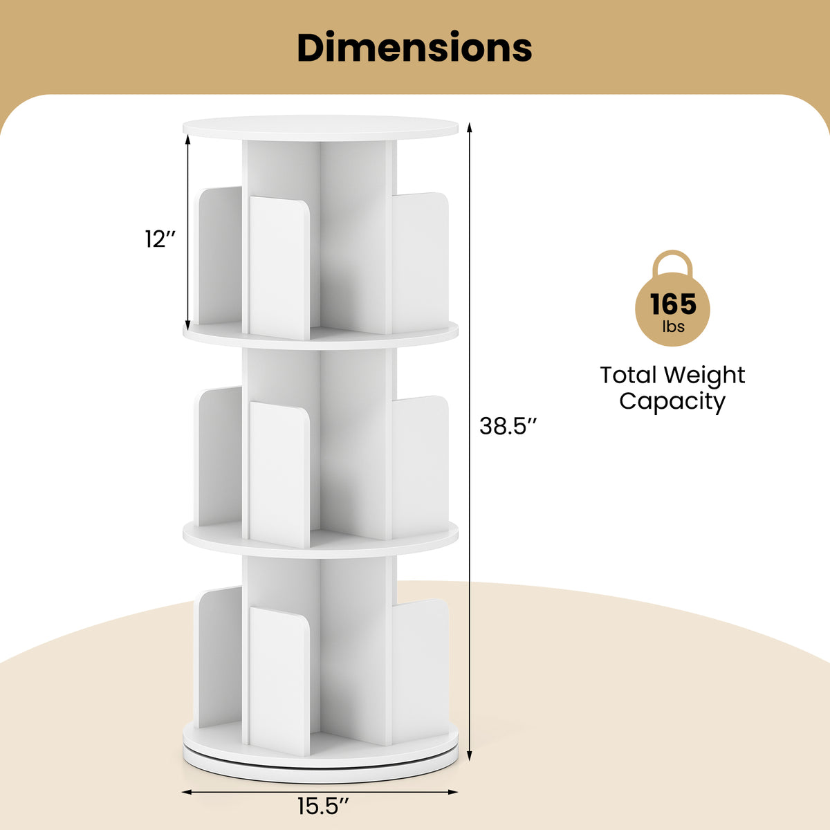 3-Tier Rotating Bookshelf with Dividers and Anti-falling Baffles-White-Bookcases-DECOROLALA
