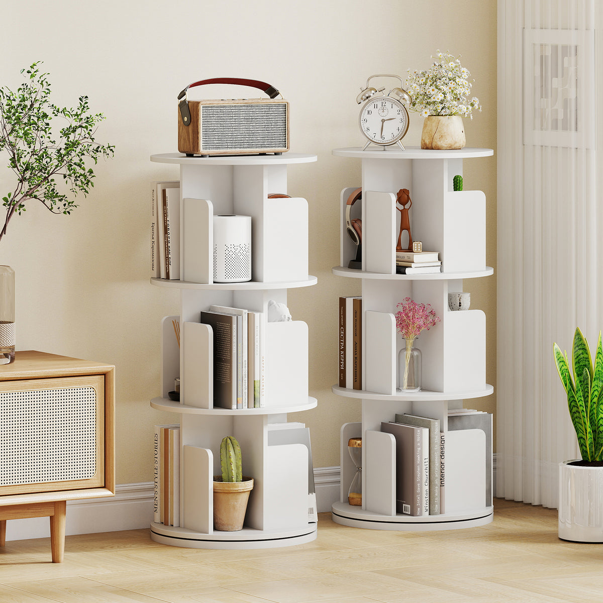 3-Tier Rotating Bookshelf with Dividers and Anti-falling Baffles-White-Bookcases-DECOROLALA