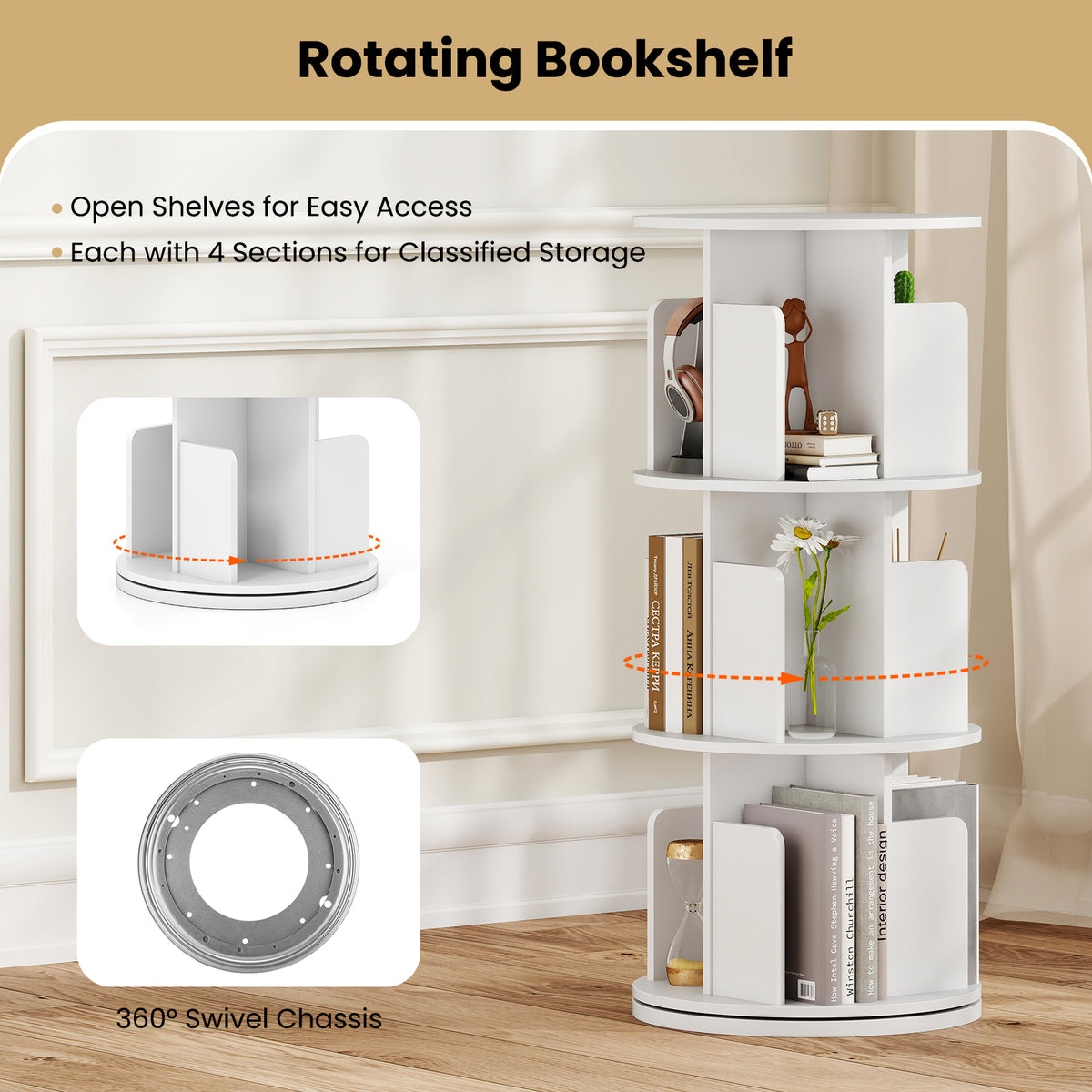 3-Tier Rotating Bookshelf with Dividers and Anti-falling Baffles-White-Bookcases-DECOROLALA