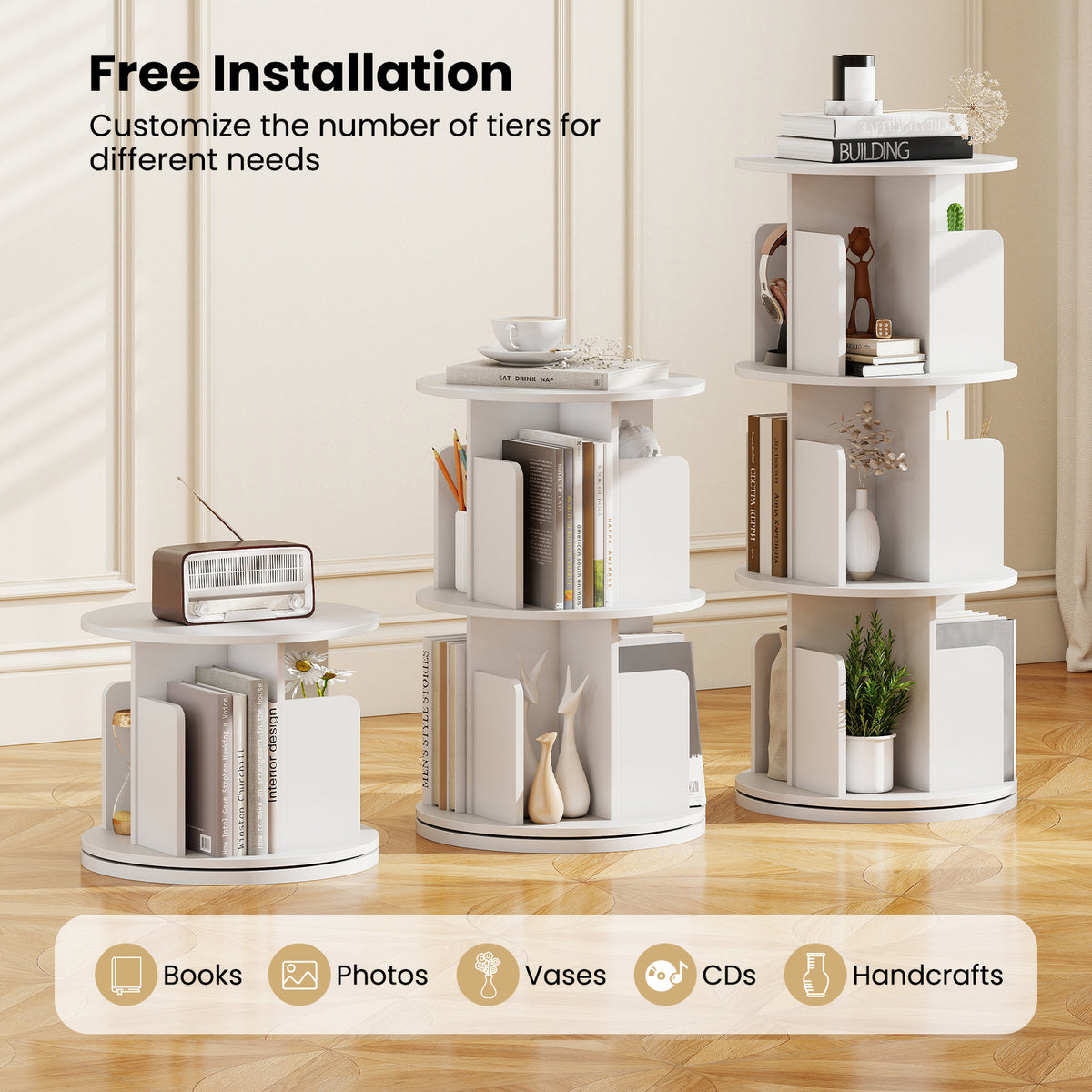 3-Tier Rotating Bookshelf with Dividers and Anti-falling Baffles-White-Bookcases-DECOROLALA