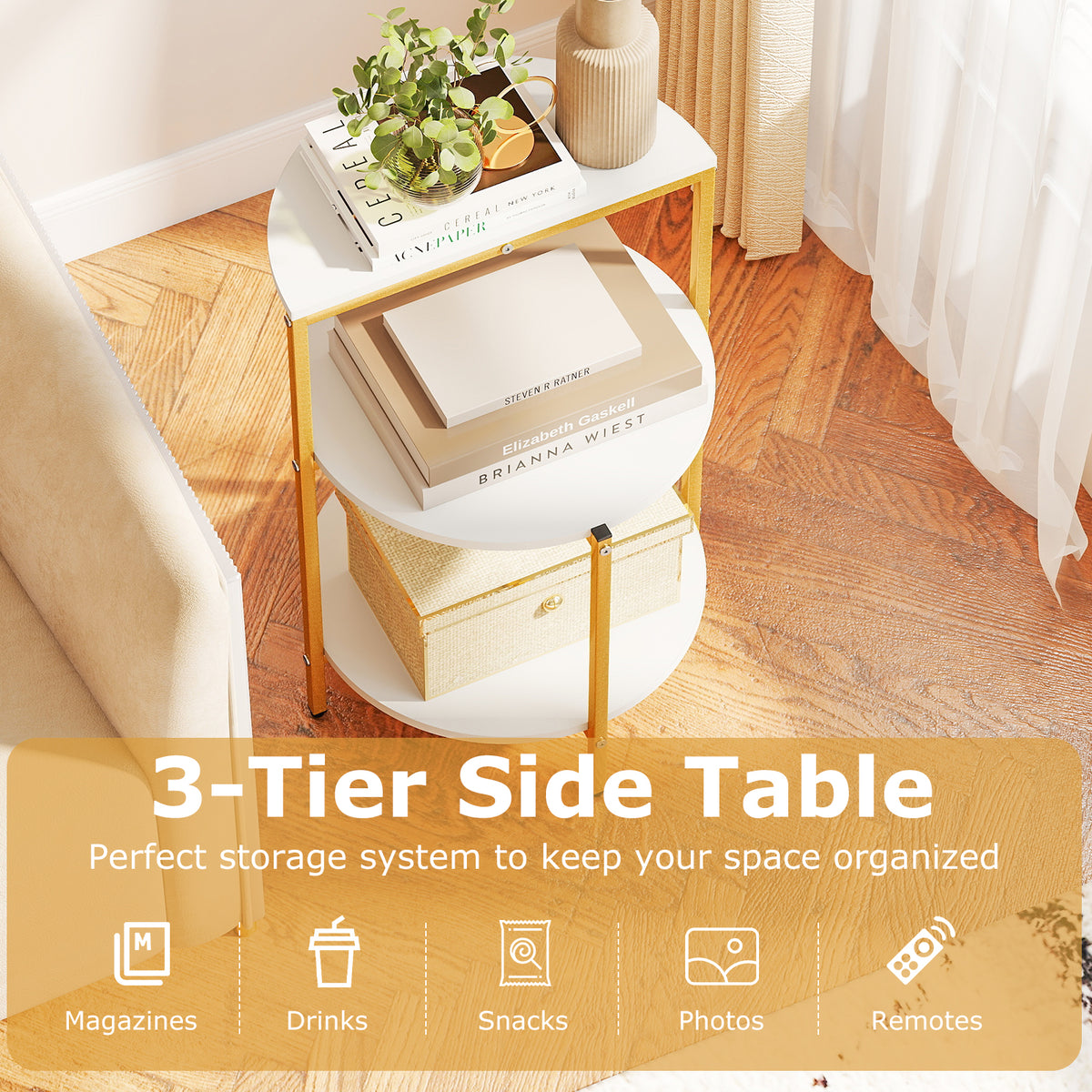 3-Tier Round End Table for Small Space and Bedroom Room-Set of 1-End & Side Tables-DECOROLALA