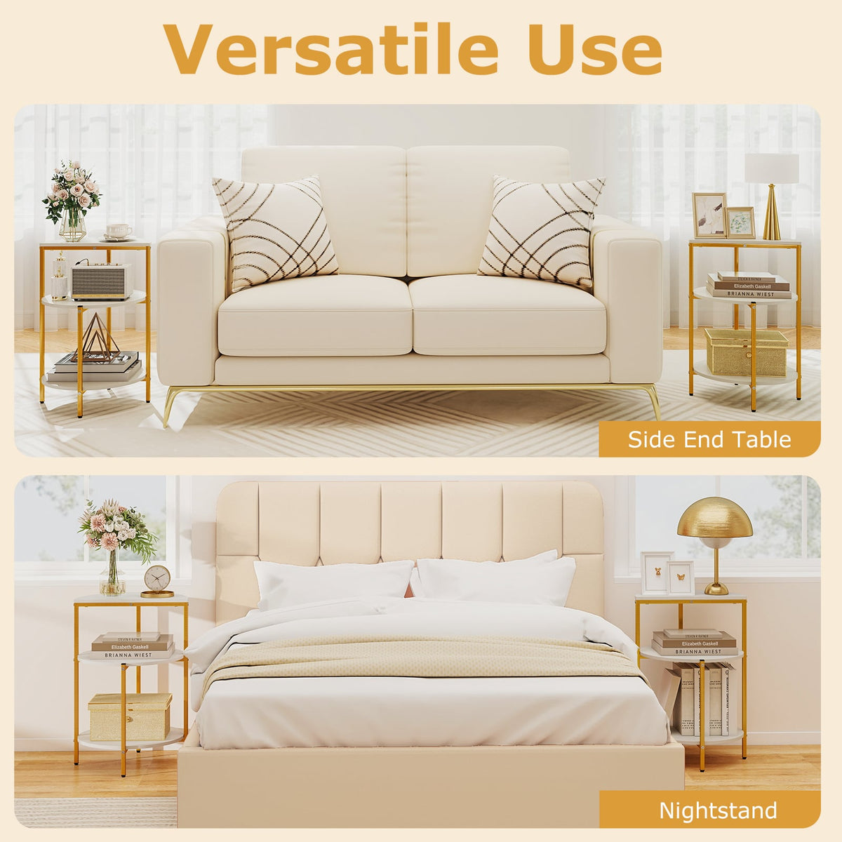 3-Tier Round End Table for Small Space and Bedroom Room-Set of 2-End & Side Tables-DECOROLALA