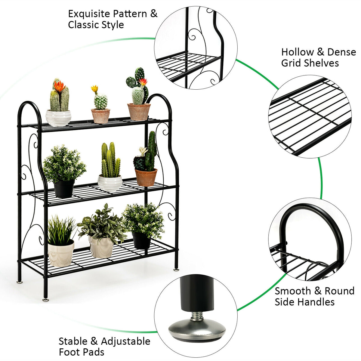 3-Tier Scrollwork Designed Metal Plant Stand-Black-Plant Stands-DECOROLALA
