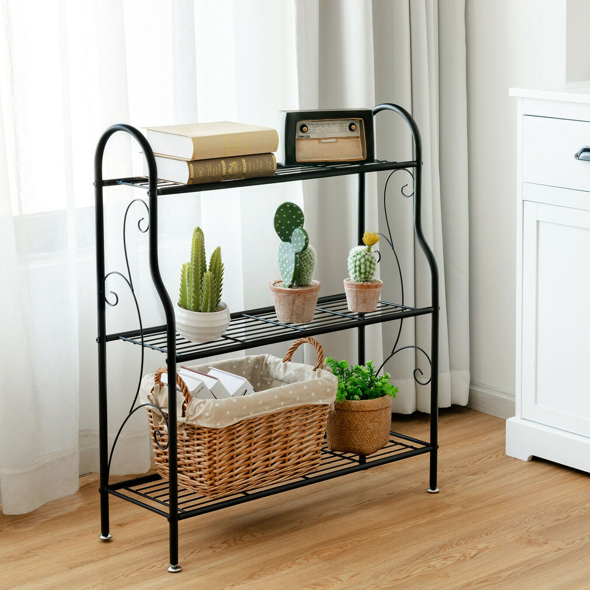 3-Tier Scrollwork Designed Metal Plant Stand-Black-Plant Stands-DECOROLALA