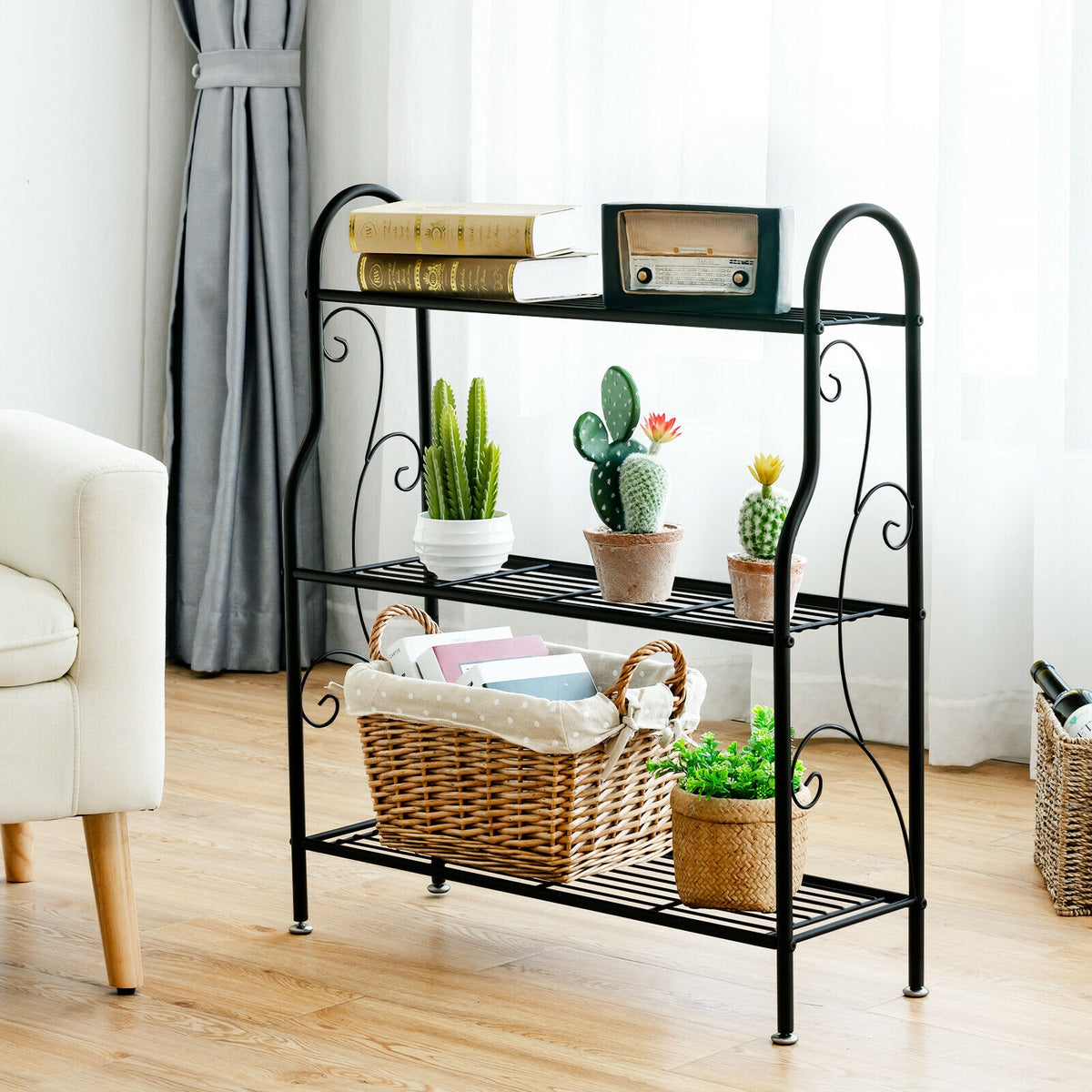 3-Tier Scrollwork Designed Metal Plant Stand-Black-Plant Stands-DECOROLALA