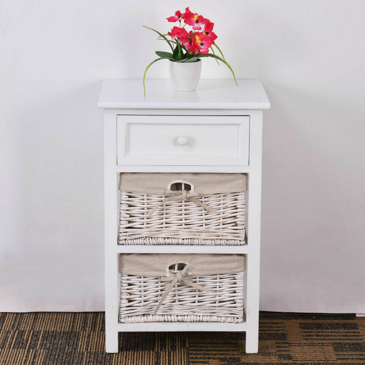 3 Tier Set of 2 Wood Nightstand with 1 and 2 Basket Drawer -White-Nightstands-DECOROLALA
