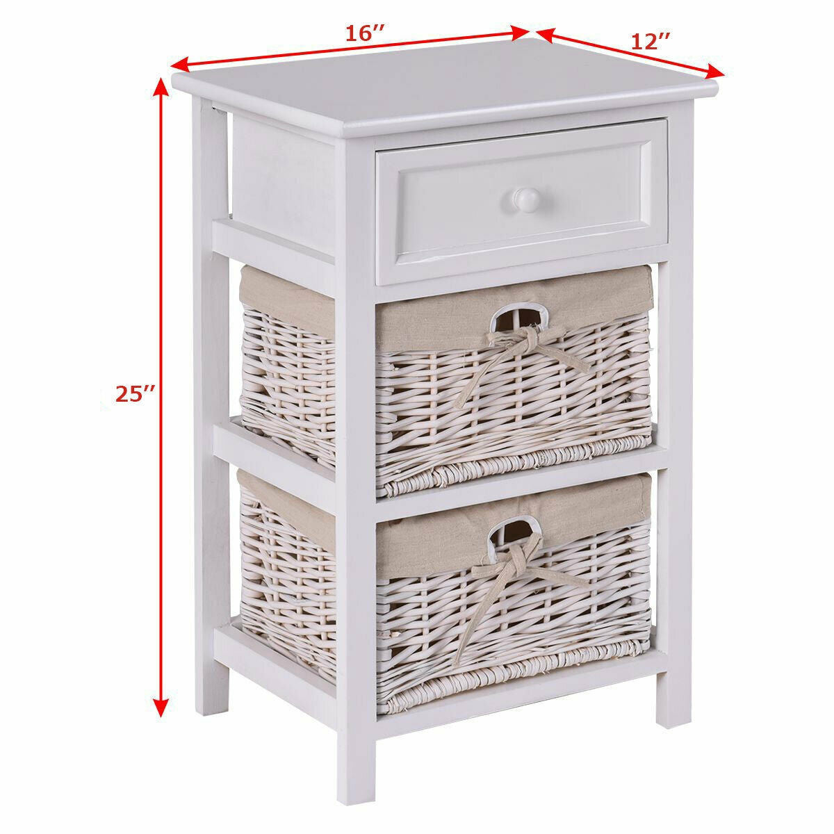 3 Tier Set of 2 Wood Nightstand with 1 and 2 Basket Drawer -White-Nightstands-DECOROLALA