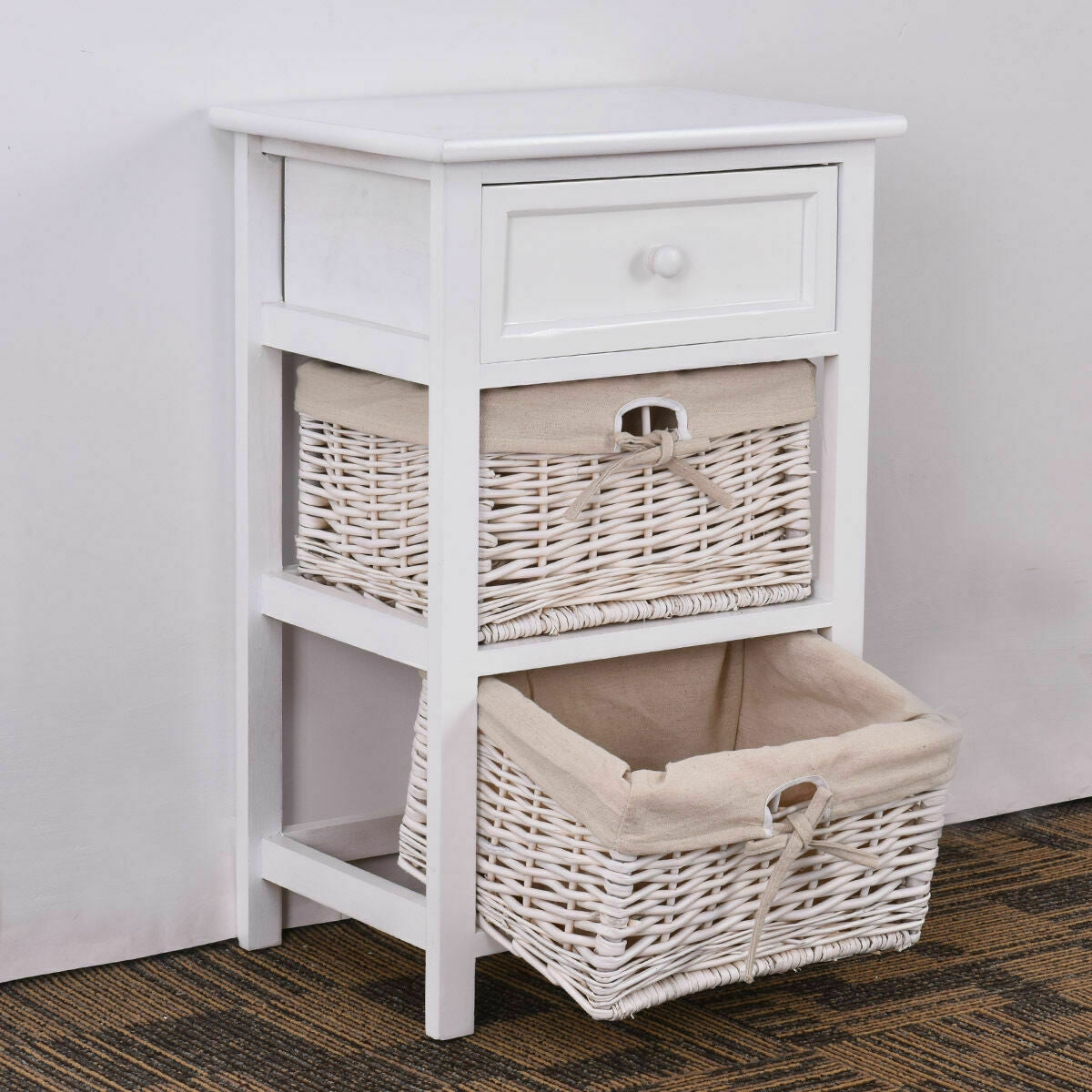 3 Tier Set of 2 Wood Nightstand with 1 and 2 Basket Drawer -White-Nightstands-DECOROLALA