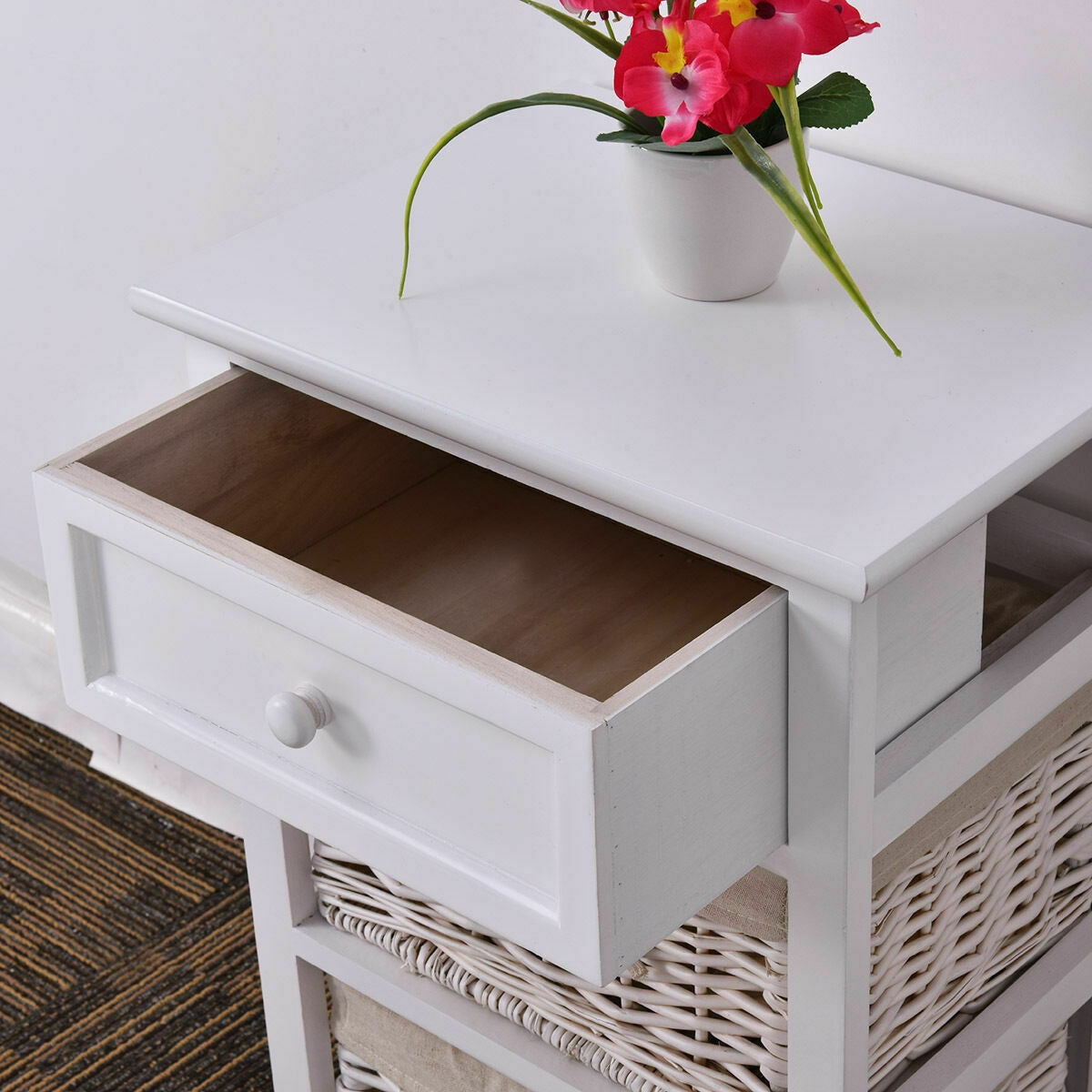 3 Tier Set of 2 Wood Nightstand with 1 and 2 Basket Drawer -White-Nightstands-DECOROLALA