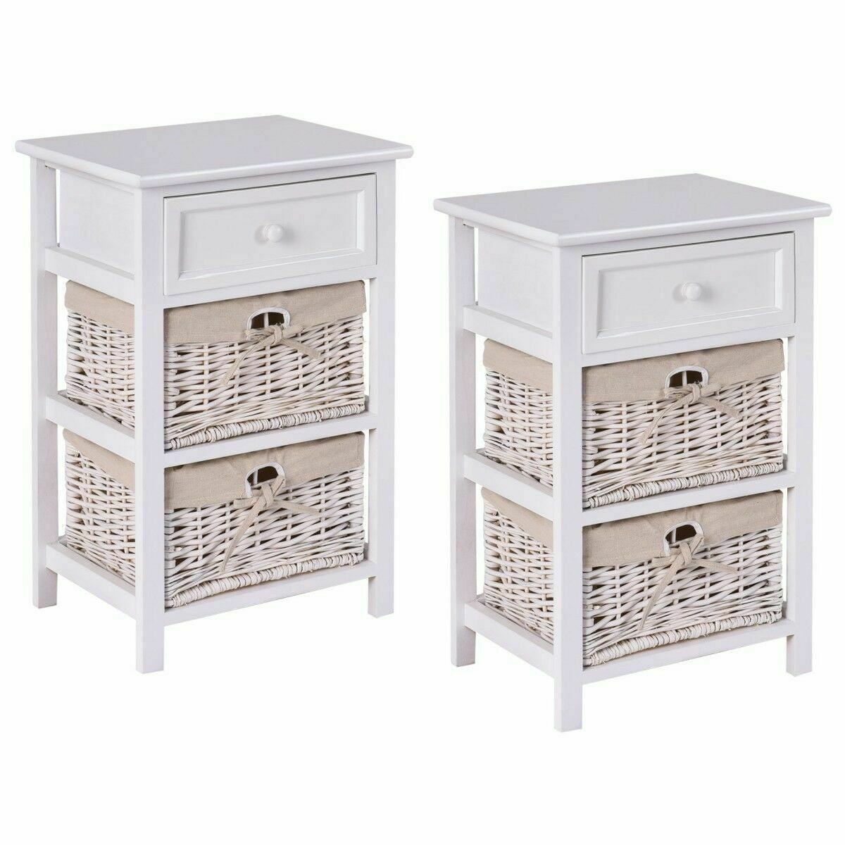 3 Tier Set of 2 Wood Nightstand with 1 and 2 Basket Drawer -White-Nightstands-DECOROLALA