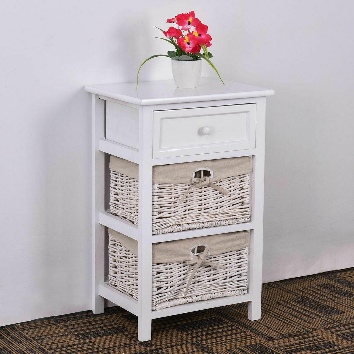 3 Tier Set of 2 Wood Nightstand with 1 and 2 Basket Drawer -White-Nightstands-DECOROLALA