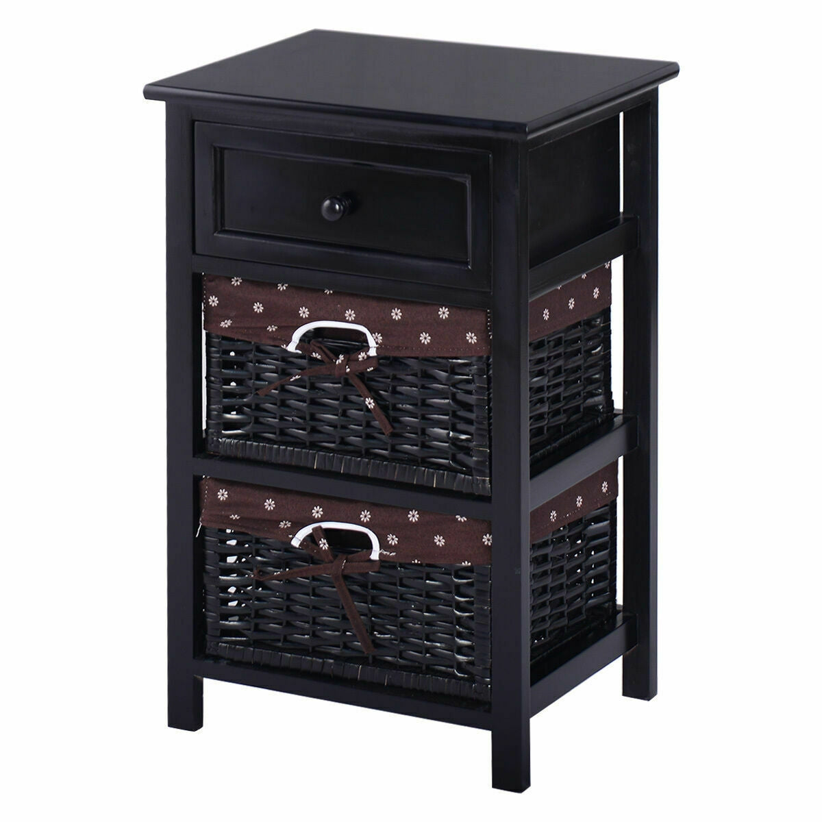 3 Tier Set of 2 Wood Nightstand with 1 and 2 Drawer -Black-Nightstands-DECOROLALA