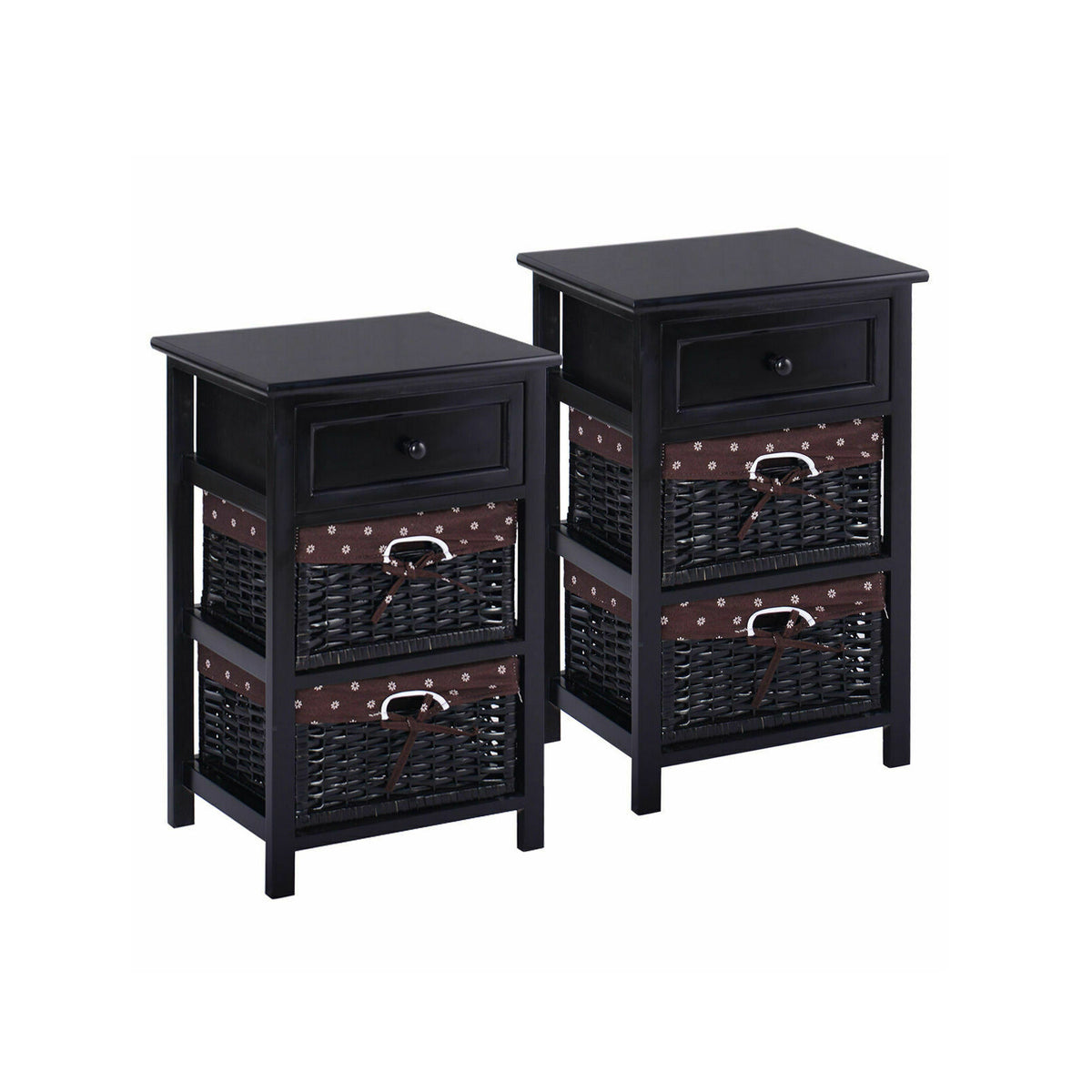 3 Tier Set of 2 Wood Nightstand with 1 and 2 Drawer -Black-Nightstands-DECOROLALA