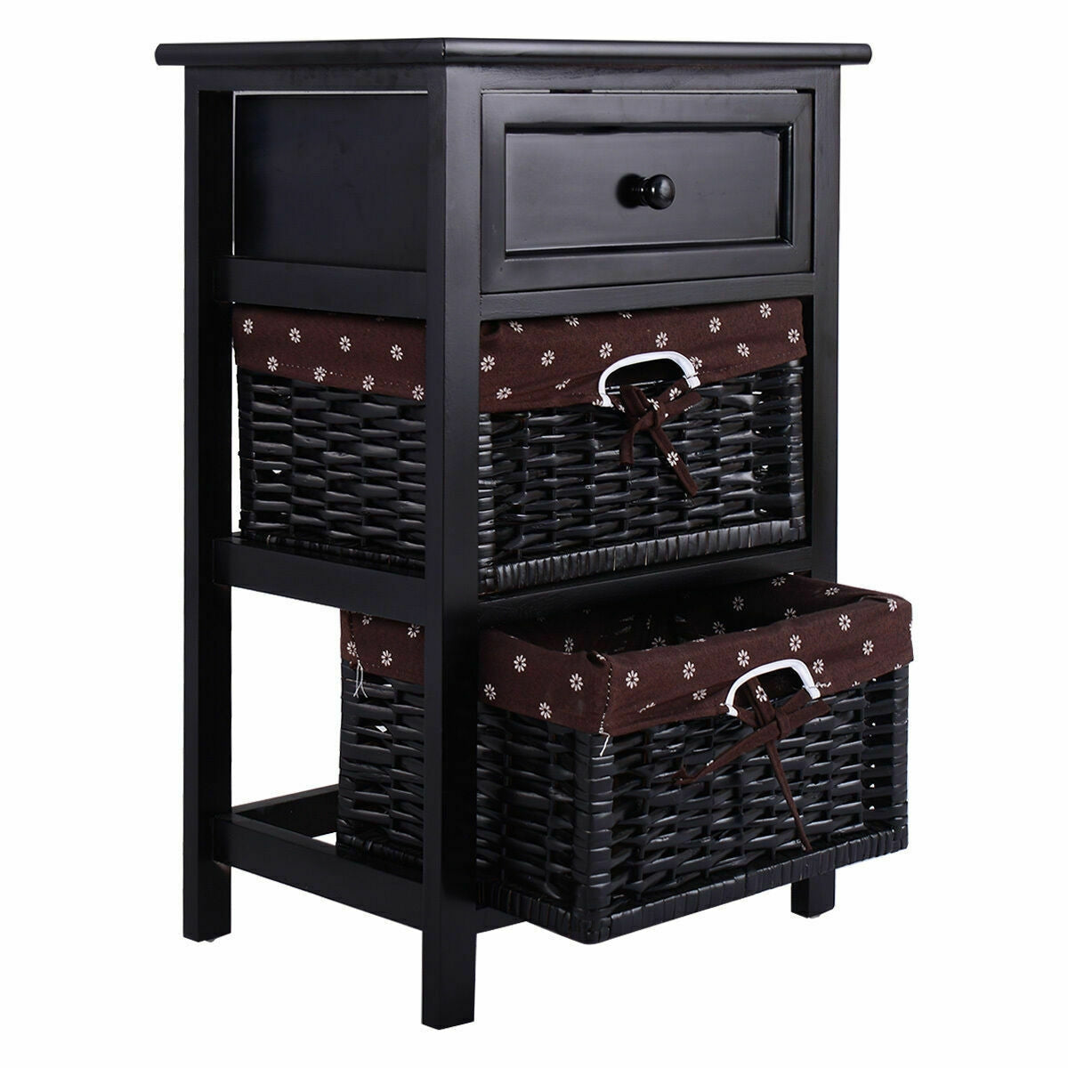 3 Tier Set of 2 Wood Nightstand with 1 and 2 Drawer -Black-Nightstands-DECOROLALA