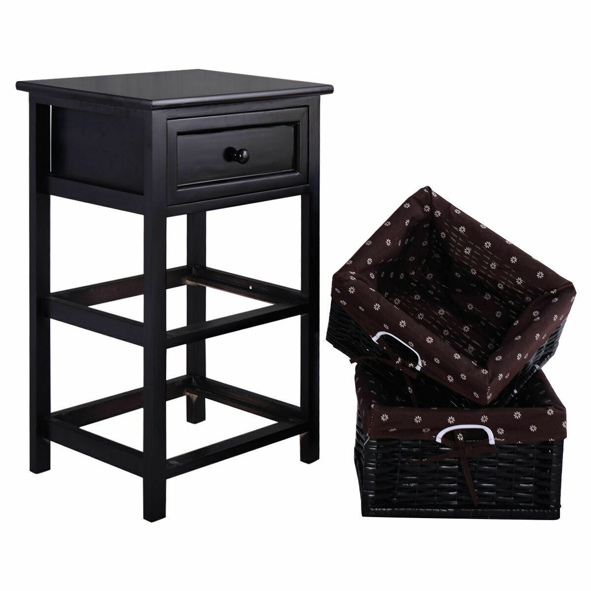 3 Tier Set of 2 Wood Nightstand with 1 and 2 Drawer -Black-Nightstands-DECOROLALA