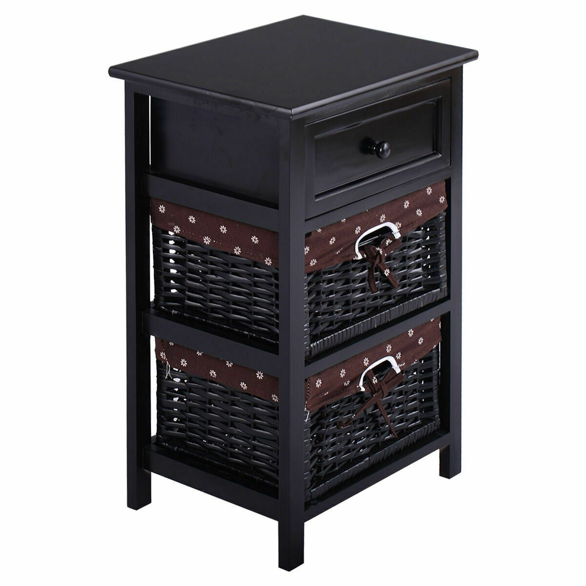3 Tier Set of 2 Wood Nightstand with 1 and 2 Drawer -Black-Nightstands-DECOROLALA
