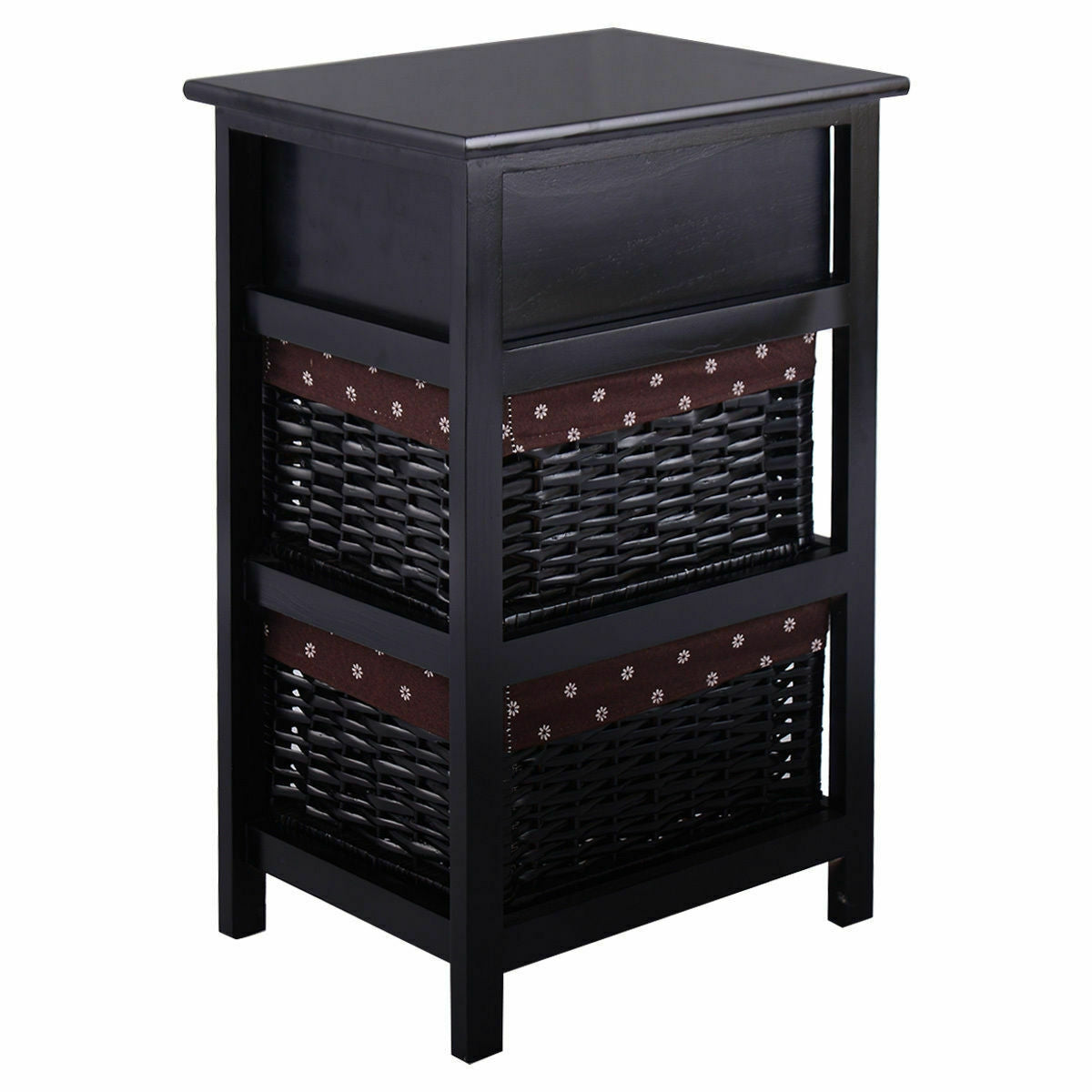 3 Tier Set of 2 Wood Nightstand with 1 and 2 Drawer -Black-Nightstands-DECOROLALA