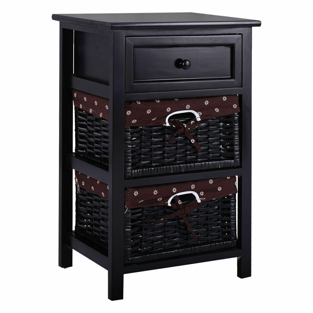 3 Tier Set of 2 Wood Nightstand with 1 and 2 Drawer -Black-Nightstands-DECOROLALA