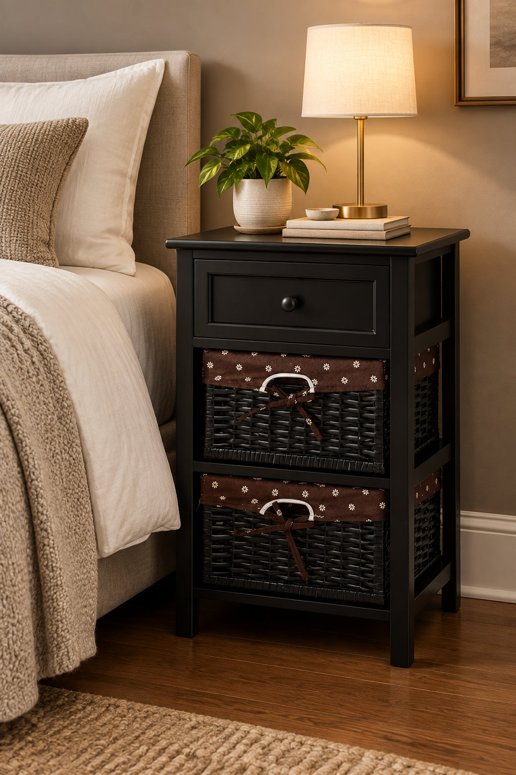 3 Tier Set of 2 Wood Nightstand with 1 and 2 Drawer -Black-Nightstands-DECOROLALA