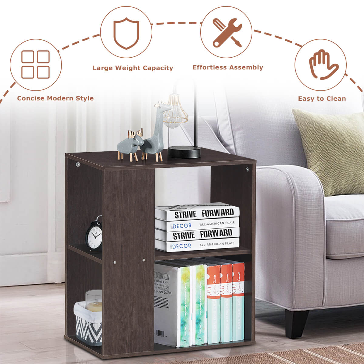 3-Tier Side End Table with Storage Shelves -Brown-End & Side Tables-DECOROLALA