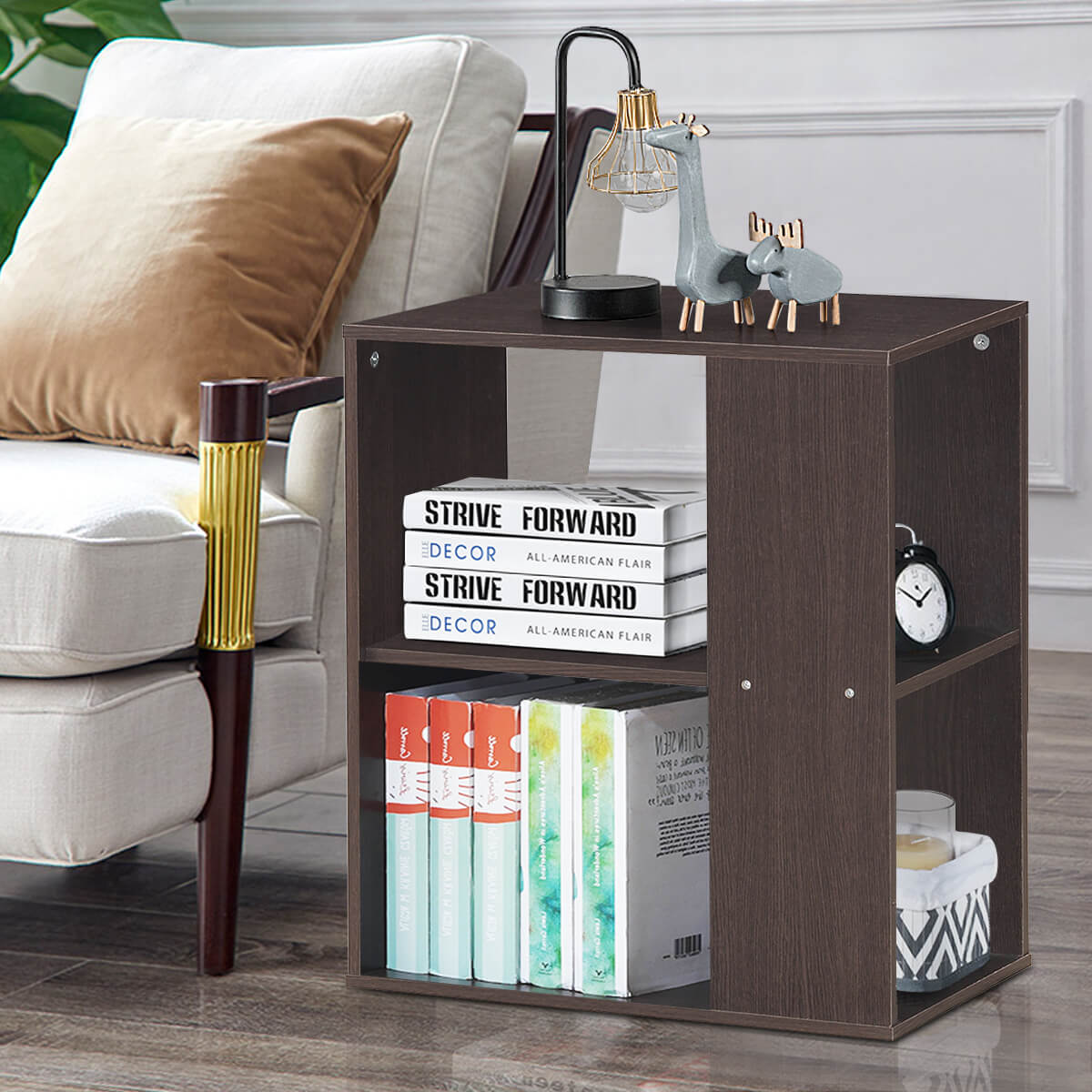3-Tier Side End Table with Storage Shelves -Brown-End & Side Tables-DECOROLALA