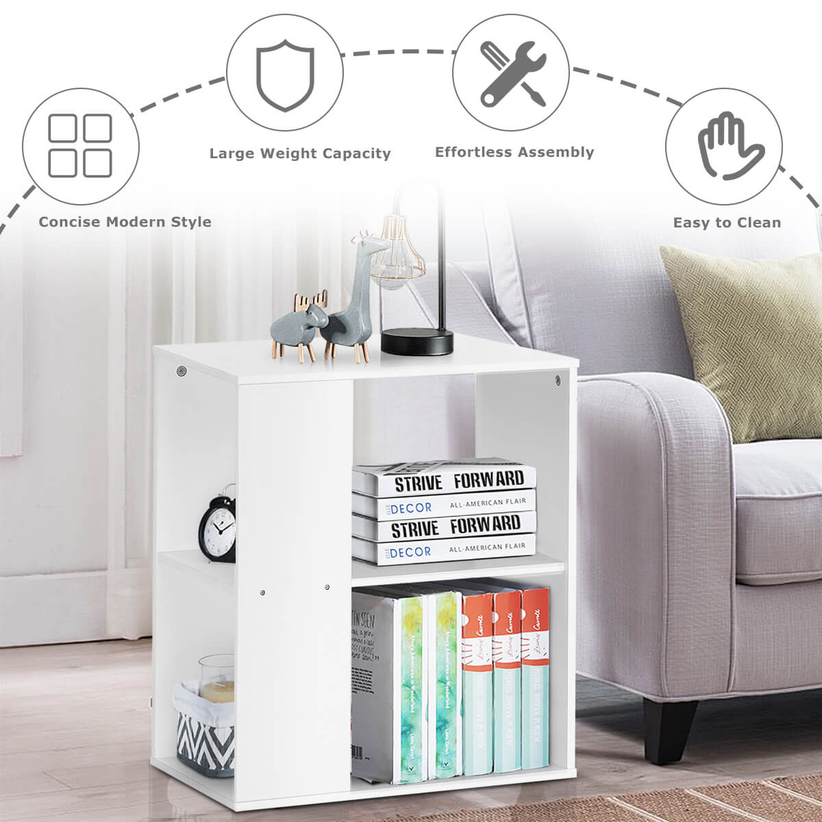3-Tier Side End Table with Storage Shelves -White-End & Side Tables-DECOROLALA
