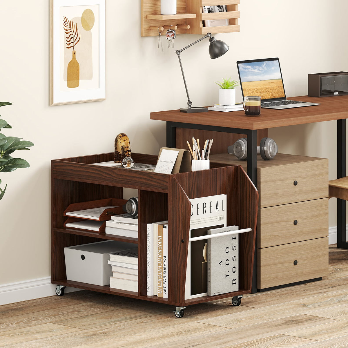 3-Tier Side End Table with Universal Wheels-Walnut-End & Side Tables-DECOROLALA