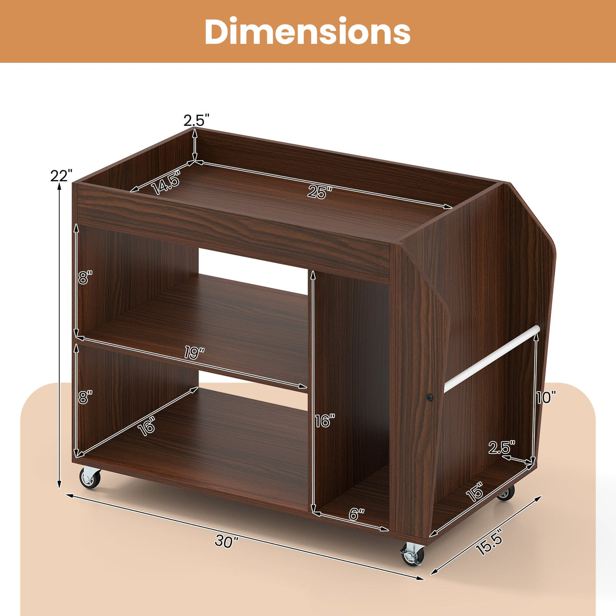 3-Tier Side End Table with Universal Wheels-Walnut-End & Side Tables-DECOROLALA