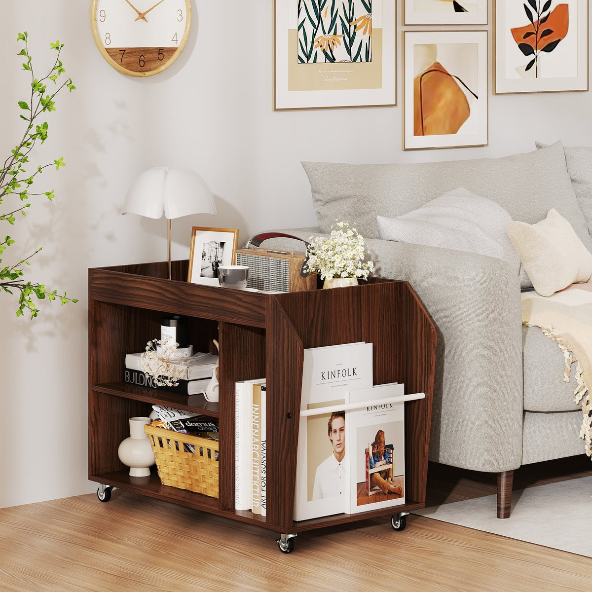 3-Tier Side End Table with Universal Wheels-Walnut-End & Side Tables-DECOROLALA