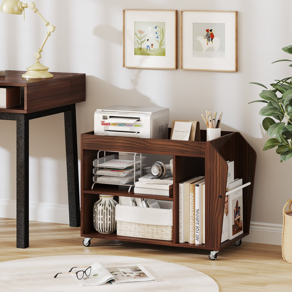 3-Tier Side End Table with Universal Wheels-Walnut-End & Side Tables-DECOROLALA