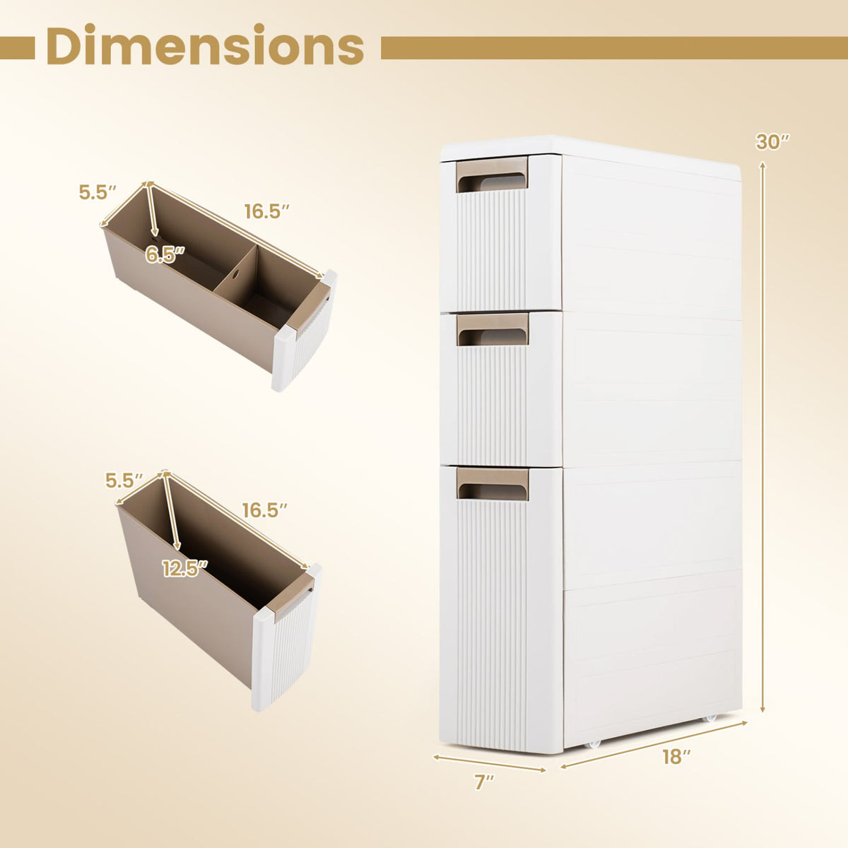 3-Tier Slim Rolling Storage Cabinet - 7" Wide Beige Cart-Floor Cabinets-DECOROLALA