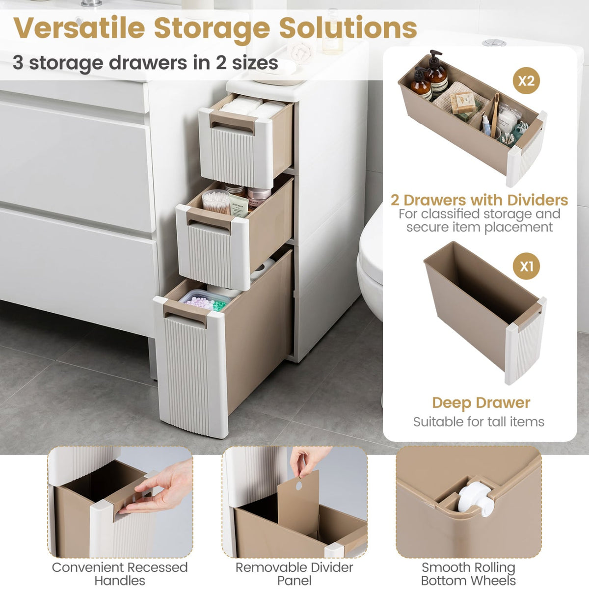 3-Tier Slim Rolling Storage Cabinet - 7" Wide Beige Cart-Floor Cabinets-DECOROLALA