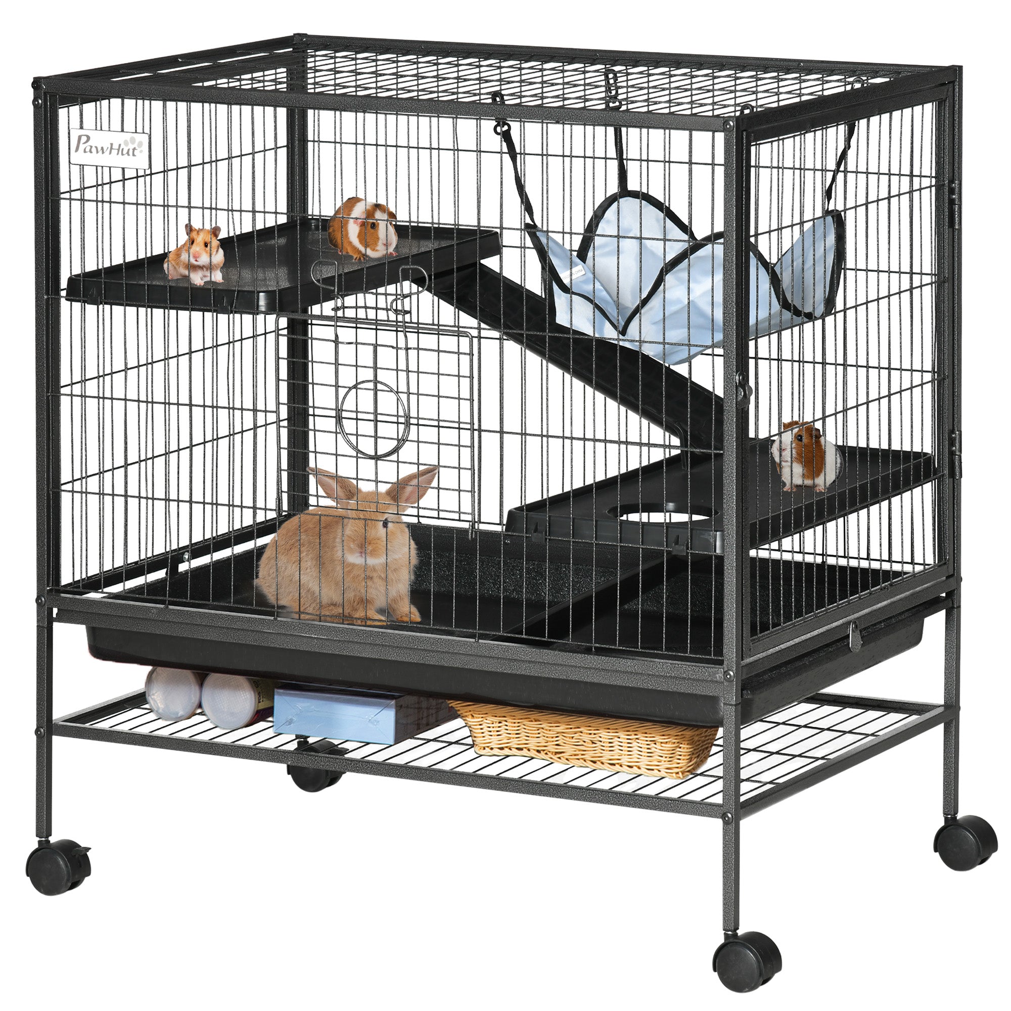 3-Tier Small Animal Cage with Hammock and Wheels - Black Metal-Small Animals-DECOROLALA