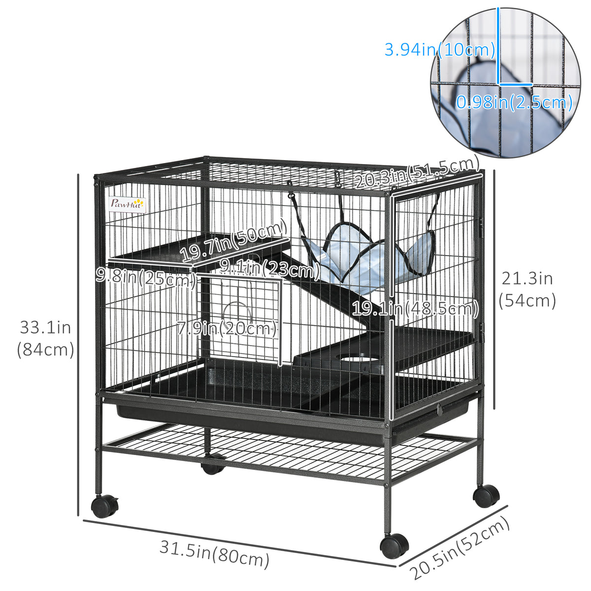 3-Tier Small Animal Cage with Hammock and Wheels - Black Metal-Small Animals-DECOROLALA