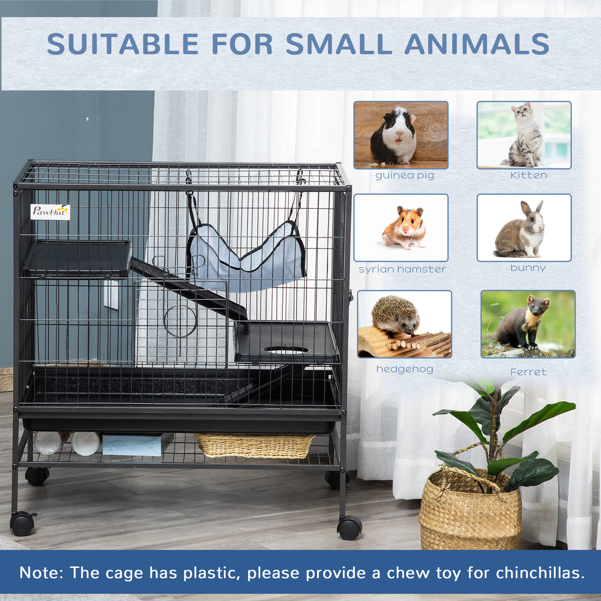 3-Tier Small Animal Cage with Hammock and Wheels - Black Metal-Small Animals-DECOROLALA