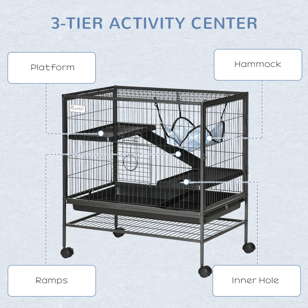 3-Tier Small Animal Cage with Hammock and Wheels - Black Metal-Small Animals-DECOROLALA