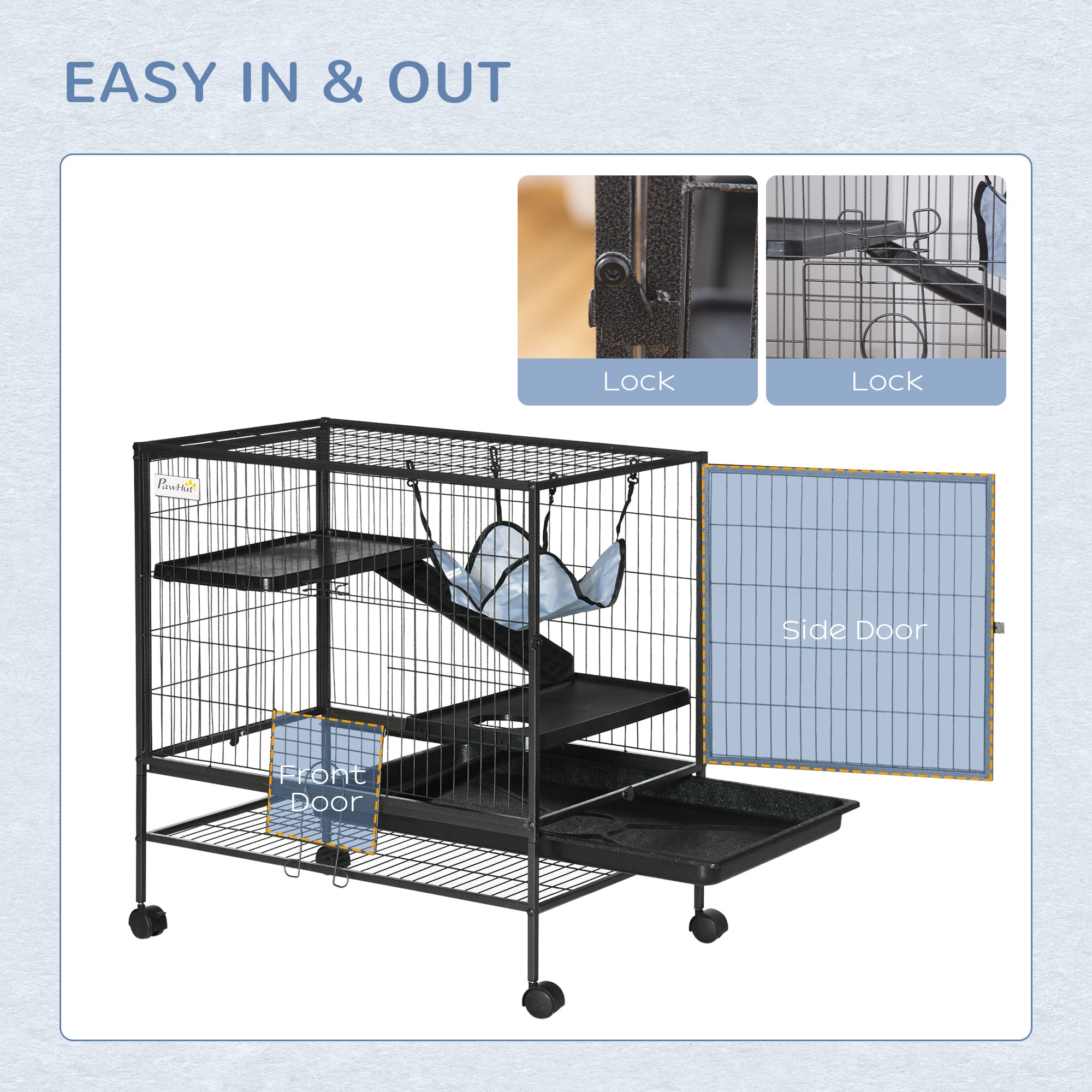3-Tier Small Animal Cage with Hammock and Wheels - Black Metal-Small Animals-DECOROLALA