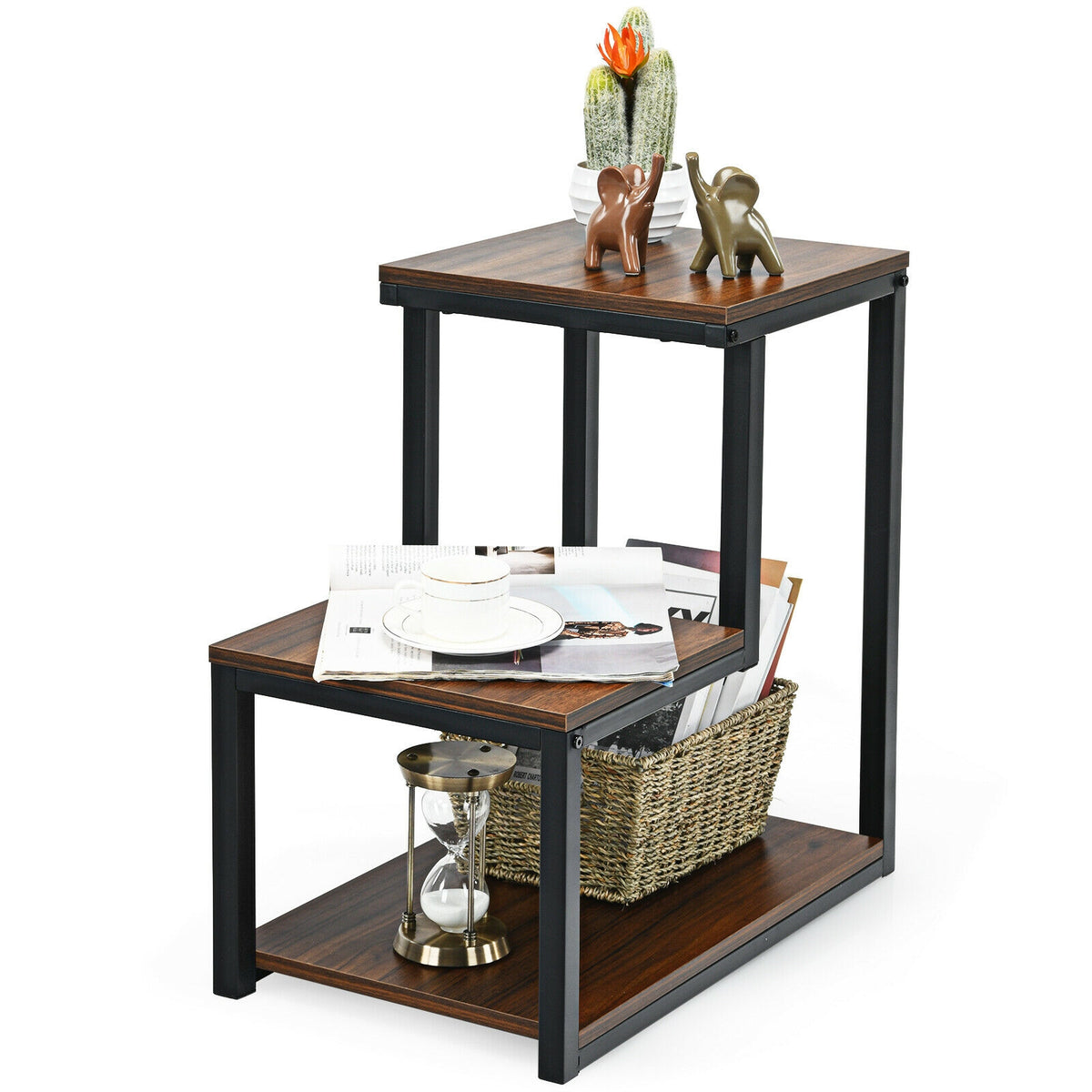 3-Tier Sofa Side Table Night Stand-Brown-End & Side Tables-DECOROLALA
