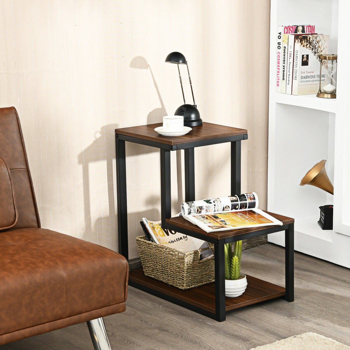 3-Tier Sofa Side Table Night Stand-Brown-End & Side Tables-DECOROLALA