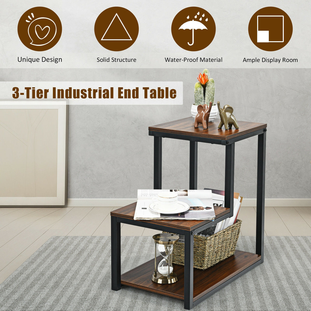 3-Tier Sofa Side Table Night Stand-Brown-End & Side Tables-DECOROLALA