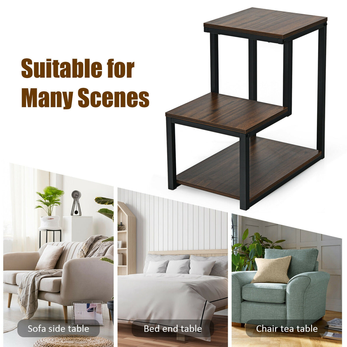 3-Tier Sofa Side Table Night Stand-Brown-End & Side Tables-DECOROLALA