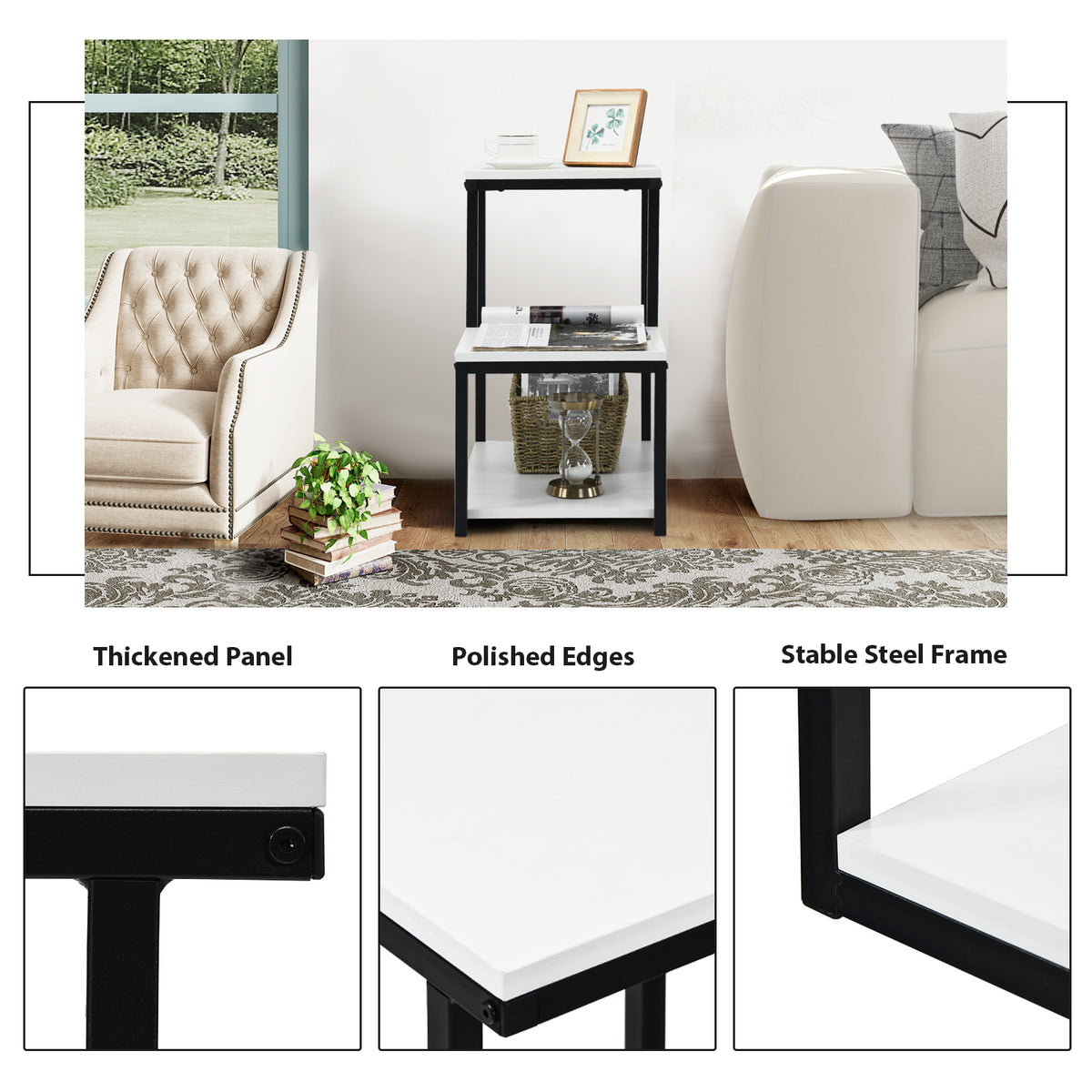 3-Tier Sofa Side Table Night Stand-White-End & Side Tables-DECOROLALA