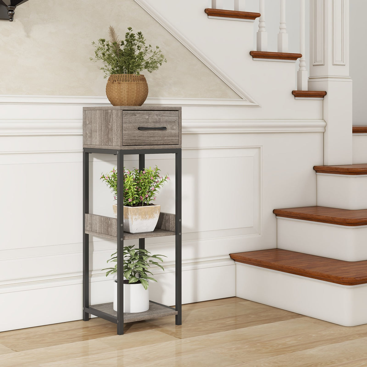 3 Tier Tall Plant Stand with Drawer Anti-tipping Devices-Gray-End & Side Tables-DECOROLALA