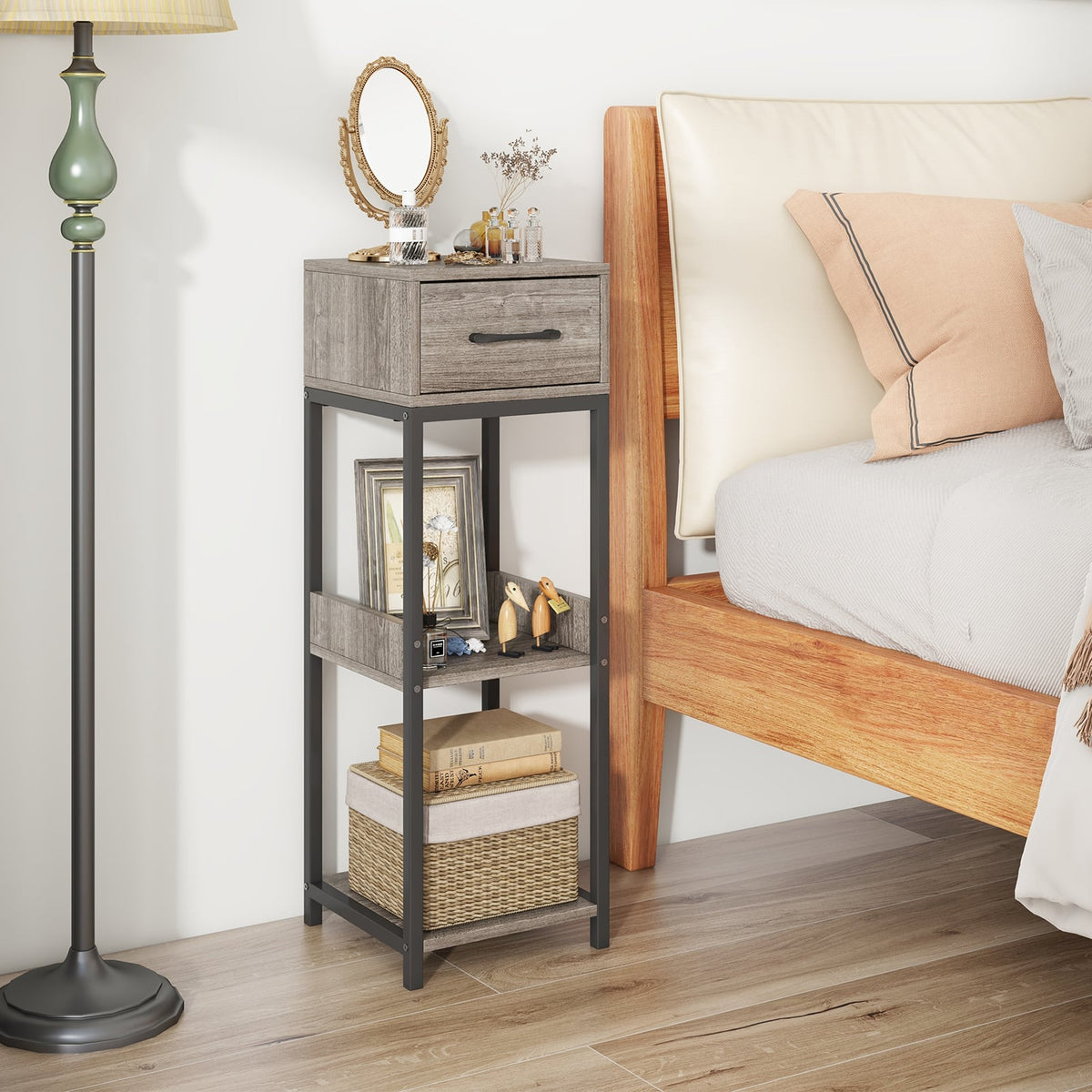 3 Tier Tall Plant Stand with Drawer Anti-tipping Devices-Gray-End & Side Tables-DECOROLALA