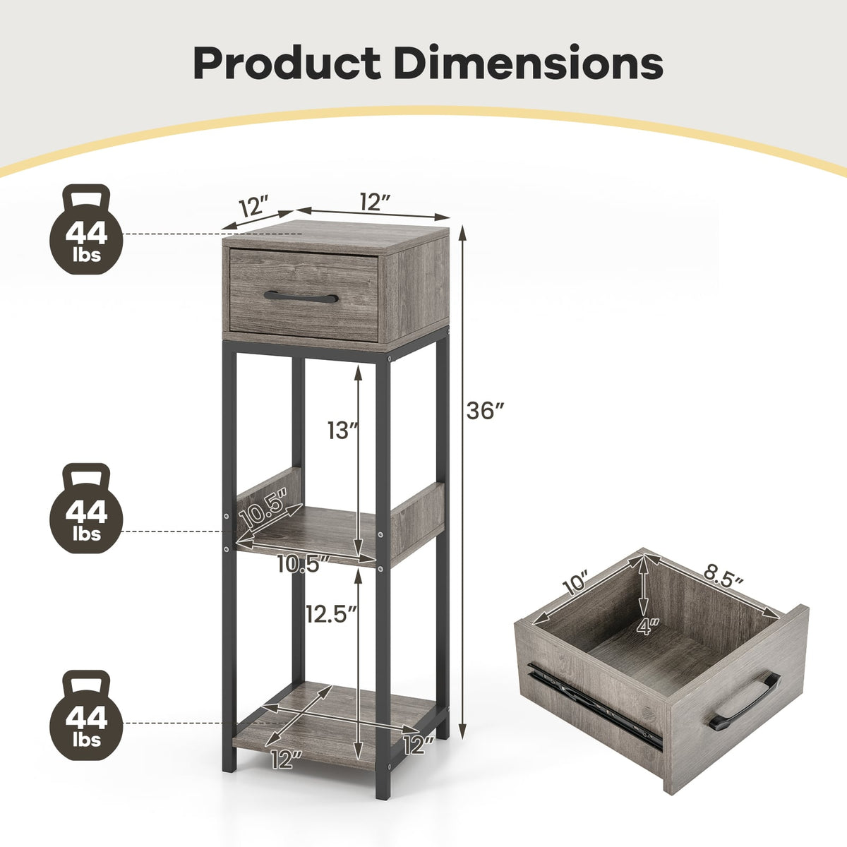 3 Tier Tall Plant Stand with Drawer Anti-tipping Devices-Gray-End & Side Tables-DECOROLALA