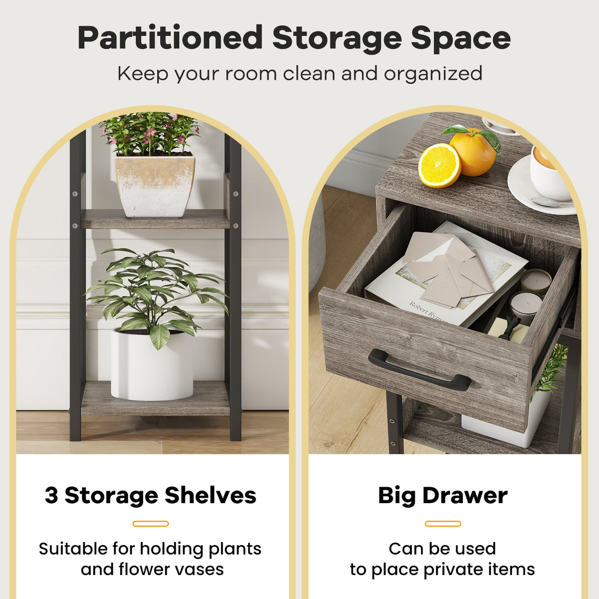 3 Tier Tall Plant Stand with Drawer Anti-tipping Devices-Gray-End & Side Tables-DECOROLALA