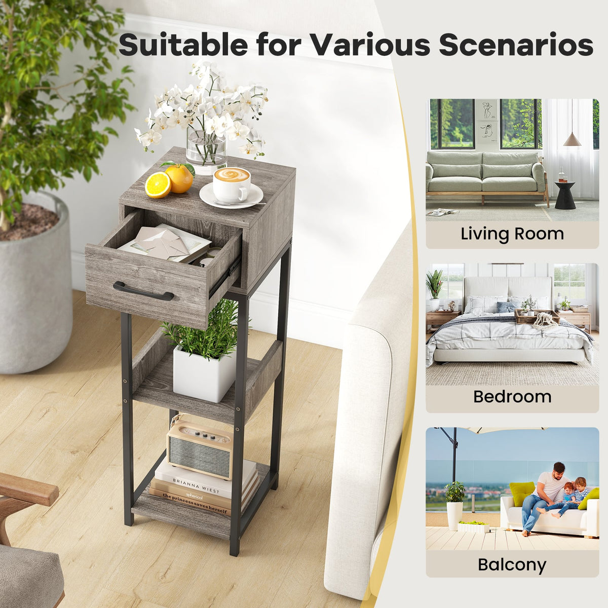 3 Tier Tall Plant Stand with Drawer Anti-tipping Devices-Gray-End & Side Tables-DECOROLALA